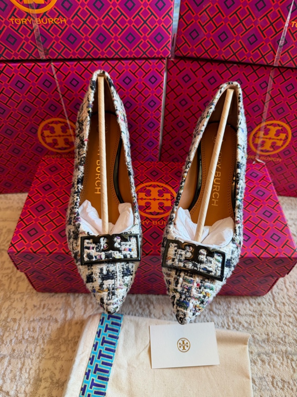 Tory Burch Tweed Pointed-Toe Flats in Black & White with Multicolor Accents